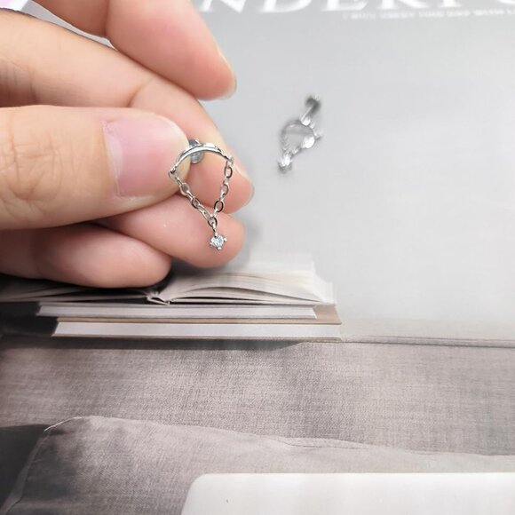 Silver Tassel Chain Dainty Cubic Zirconia Cartilage Earring with Flat Screw Back - Picture 5 of 6